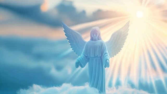 An angel standing on the clouds, with rays of light shining through, symbolizing divine presence and protection in heaven.