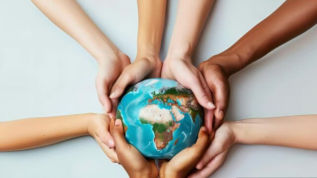 Diverse hands of various ages, cultures, and races holding a globe, symbolizing teamwork, global inclusion, shared future, and equality. Concept of interdependence and unity