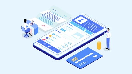 Digital Insurance Isometric Flat Motion Graphic Vector Animation. Tiny people using laptop and mobile app for digital insurance.