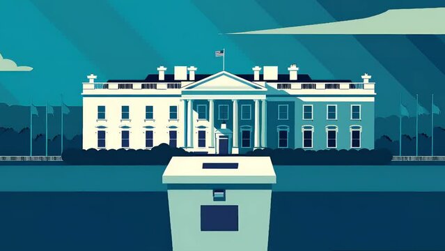 Illustration of the White House with a voting ballot box in front. Concept of American elections for Senate, Presidency, and democracy