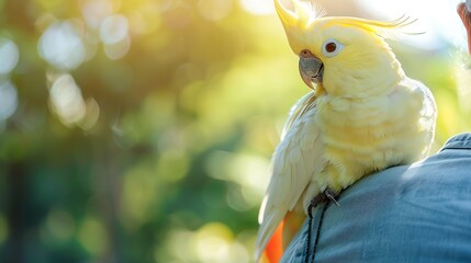 UniqueSSelf Parrots sit on the shoulderPets Cockatiel parrotsFunny parrotsCockatiel petsBird with a crestCute animalFunny birdCockatielParrots are playingCaring for petsBirdsAnimals : Generative AI
