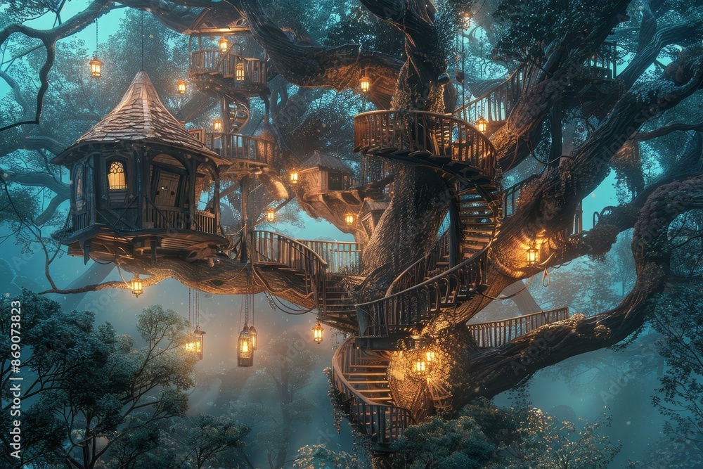 Poster a treehouse with winding staircases sits surrounded by towering trees in the forest, a whimsical tre