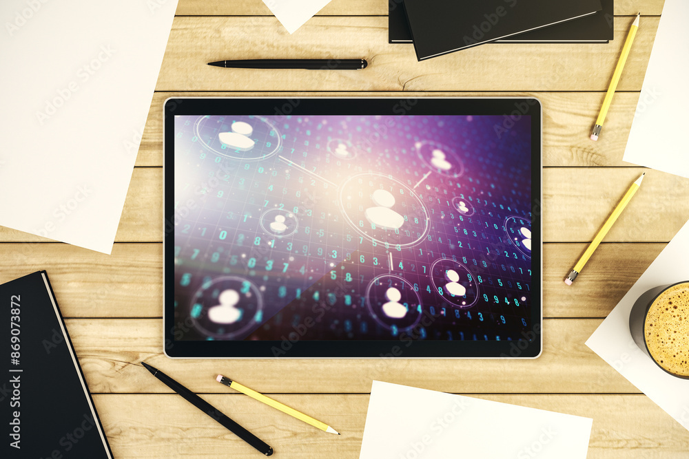 Aufkleber Modern digital tablet screen with social network icons concept. Networking concept. Top view. 3D Rendering