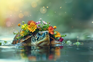 A turtle with a bunch of colorful flowers placed on its head, A whimsical turtle wearing a crown made of flowers