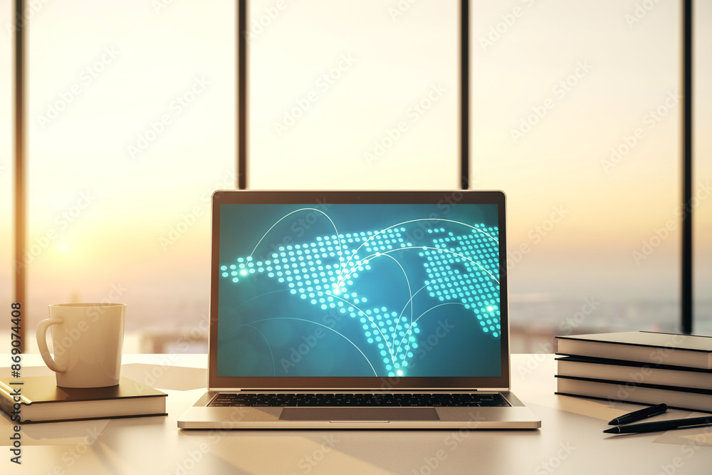 Poster abstract creative world map with connections on modern laptop screen, international trading concept.