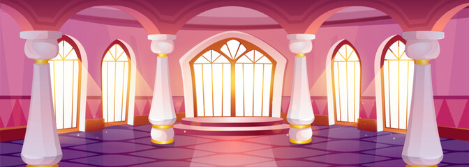 Pink medieval castle baroque ballroom interior with columns and arch windows on sunny day. Cartoon vector royal palace hall room for dance. Luxury king vintage fairytale inside architecture. © klyaksun