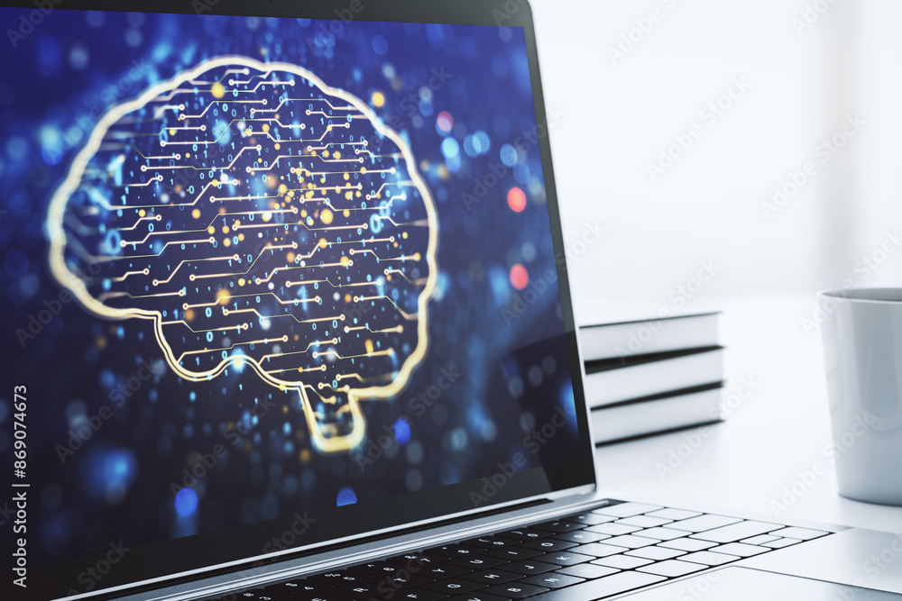Poster modern computer monitor with creative artificial intelligence symbol. neural networks and machine le