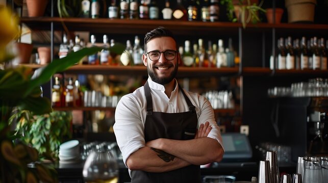 Happy portrait and business owner of bar with pride in hospitality service or waiter with arms crossed Entrepreneur smile and bartender in restaurant and professional server working wi : Generative AI - Powered by Adobe