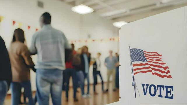 Polling stations for American elections with blurred people in line. Concept of American elections, voting, parliamentary and presidential democracy in America and the United States