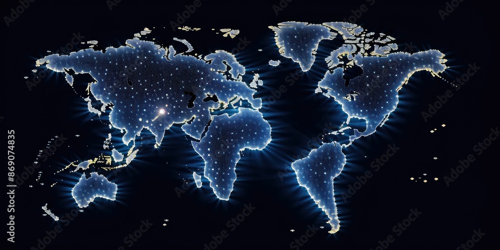 Poster glowing digital world map on a dark background with sparkling light points. global communication and