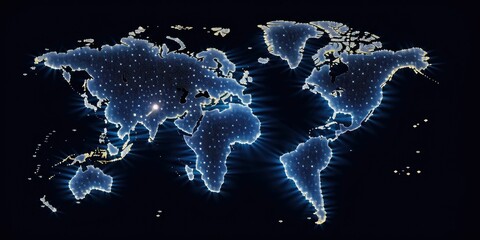 Glowing digital world map on a dark background with sparkling light points. Global communication and network concept. Design for data visualization, digital technology, global connectivity. AIG35.