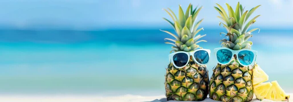 Two pineapples with sunglasses on the beach, blue ocean in background