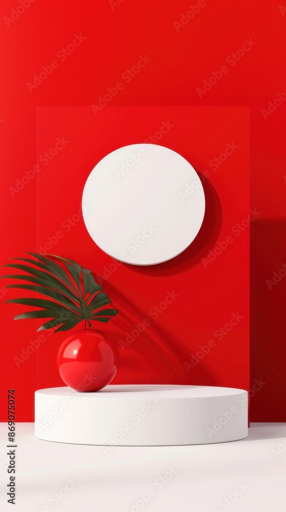 Poster minimalist red and white geometric composition with a circular platform and a palm leaf in a red vas