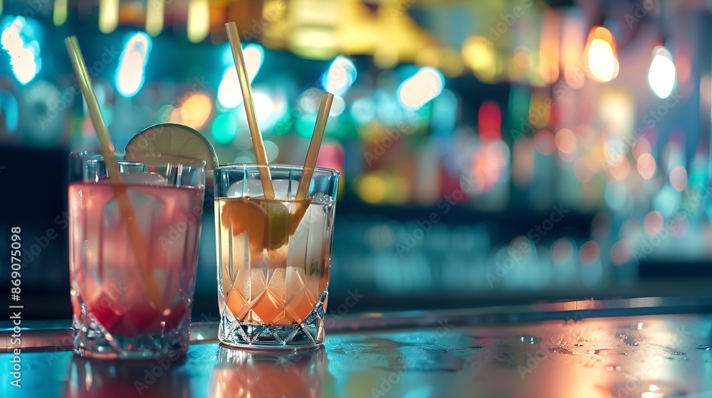 Aufkleber cocktail drinks served in glasses with drinking straws on top counter bar : generative ai