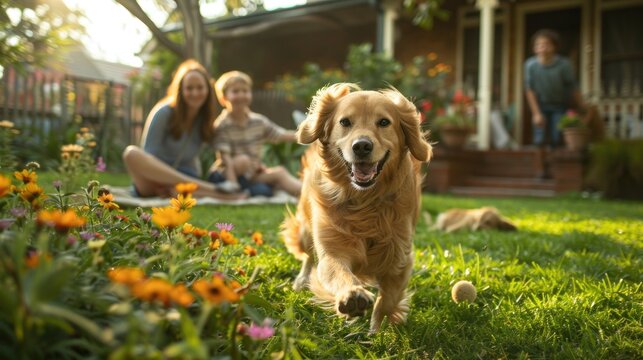 A family enjoys a sunny afternoon on their front lawn, where the children play with their beloved dog. The parents relax on a blanket, watching their kids with happy expressions. The dog runs and