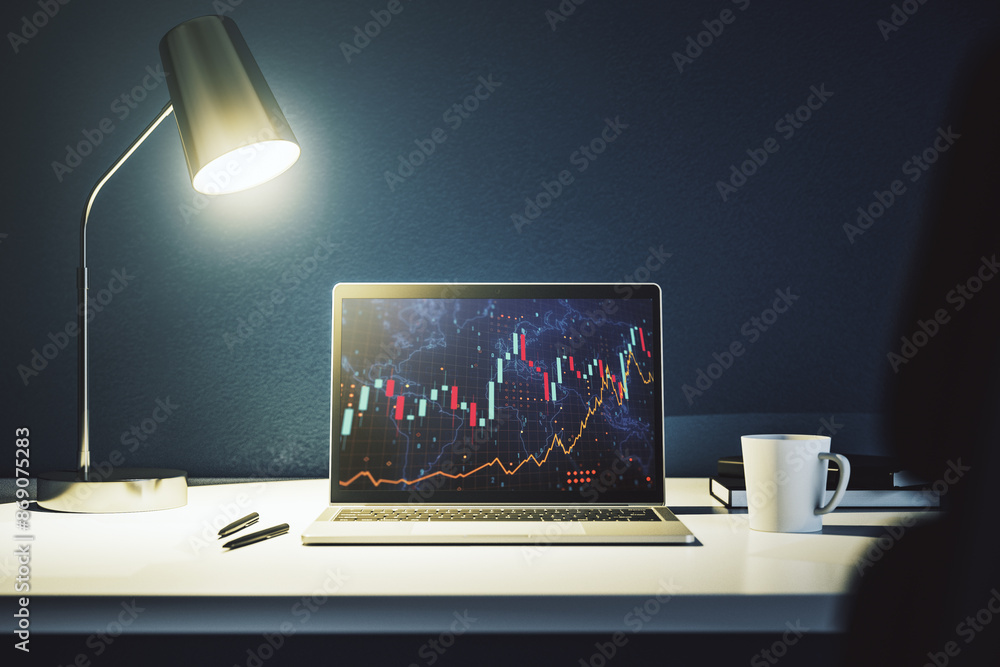 Poster abstract creative financial graph with world map on modern laptop screen, forex and investment conce