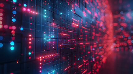 Fototapeta premium cyberspace, technology, datum, digital, communication, design, network, computer, future, futuristic. image of digital, wall with many pieces of blue and red light. 3D rendering