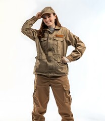 Portrait of a young woman wearing a brown cap and brown jumpsuit