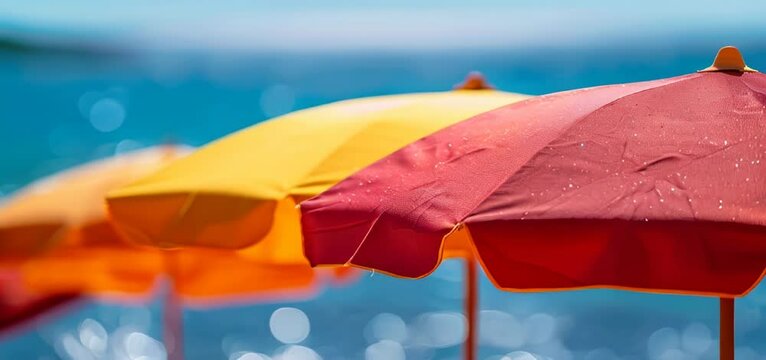 Close up of beach with red and yellow colors umbrellas, the sea in the background.