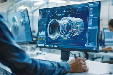 Engineer drafting complex jet engine blueprint CAD