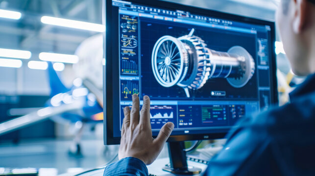 Aerospace engineer developing jet engine with 3D CAD