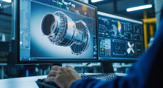 Engineer focused on jet engine 3D model visualization