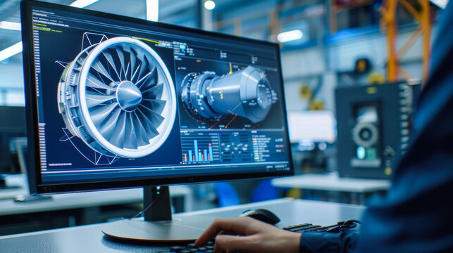 Engineer analyzing jet engine CAD 3D model displays