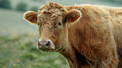 A Robust Hyper Detailed Beef Cow with a Contemplative Expression in a Lush Green Meadow