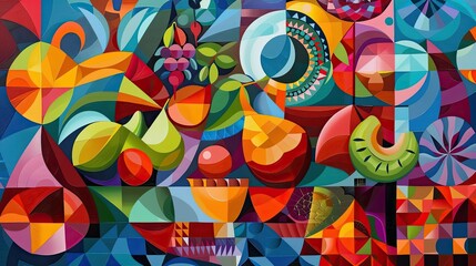 Obraz premium Vibrant Peruvian Specialties in Cubist Inspired Composition with Intriguing Patterns and Bold Colors