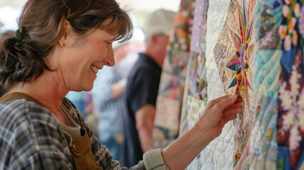 A quilt artist showcases her intricate designs at a local fair, glowing with pride as she engages the crowd.