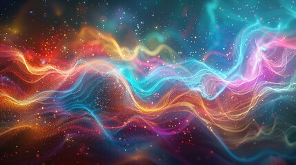 Ethereal Sonic Waves Pulsing Through Cosmic Expanse with Shimmering Chromatic Particles