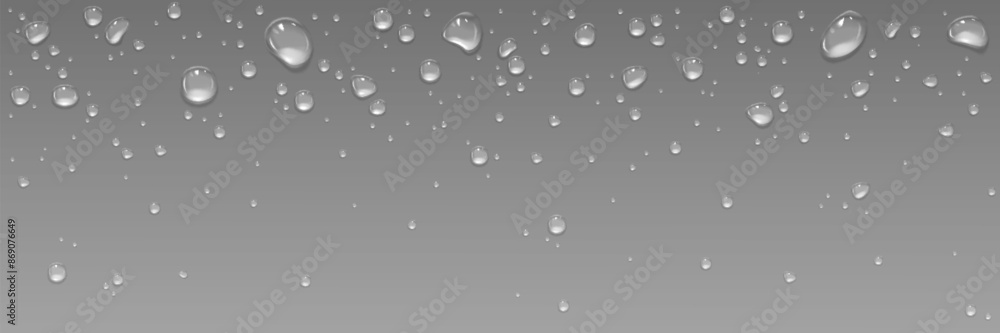 Poster water drops on black glass surface. realistic 3d vector dark background with transparent rain drople