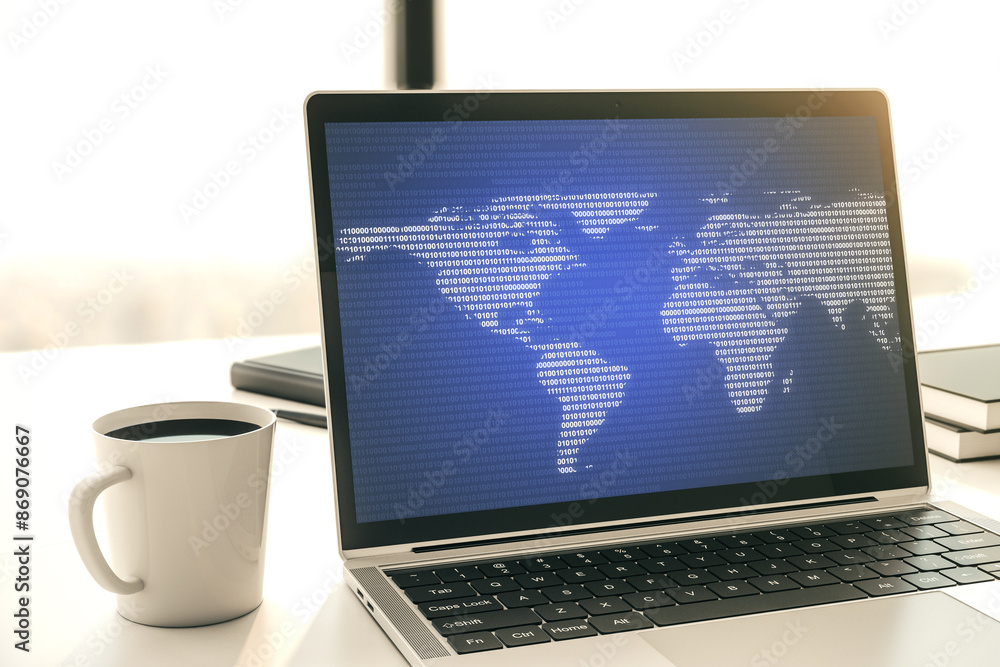 Aufkleber abstract graphic world map on modern laptop screen, connection and communication concept. 3d renderi