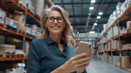 Fototapeta premium Happy middleaged businesswoman small business owner celebrate first sale in electronic commerce webstore standing in warehouse office look at cellphone screen relish great news Growth : Generative AI