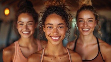 Obraz premium Three Happy Women Smiling in Fitness Attire - Generative AI
