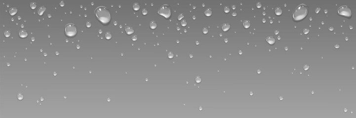 Water drops on black glass surface. Realistic 3d vector dark background with transparent rain droplets. Wet window with dew bubbles. Fresh moisture bg with spray condensation waterdrop pattern.