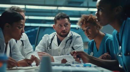A diverse group of healthcare professionals including doctors nurses and specialists engaging in a collaborative meeting to discuss medical cases and share expertise in a hospital : Generative AI