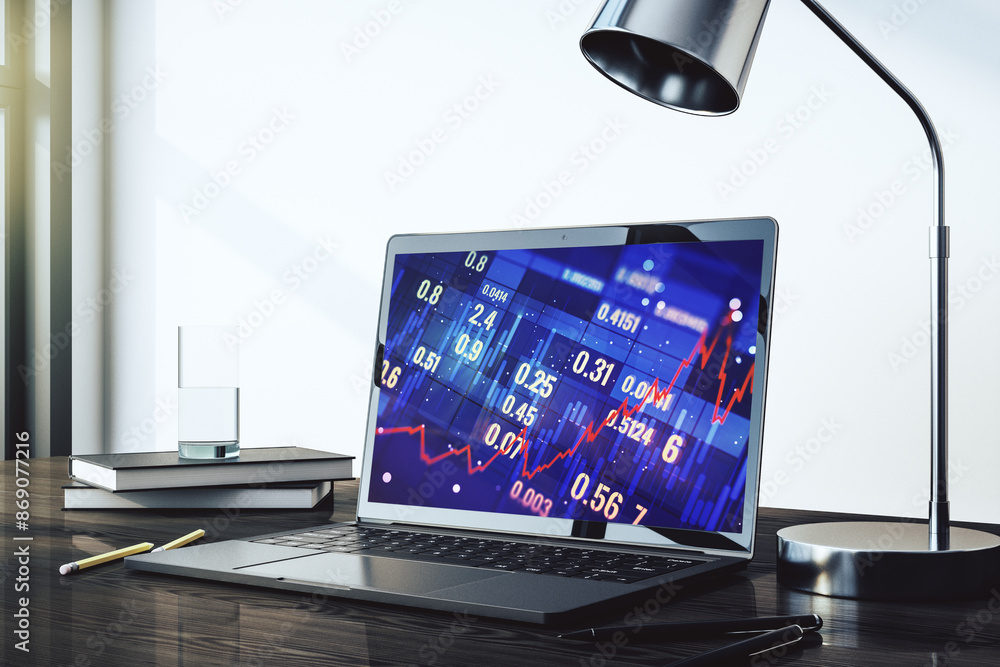 Poster abstract creative financial graph on modern laptop screen, forex and investment concept. 3d renderin