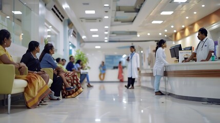 Establishing Shot of Active Local Indian Health Clinic Lobby Representing Modern and Advanced Healthcare Services with Nurses and Doctors Diverse Patients Waiting in Reception Hall in  : Generative AI