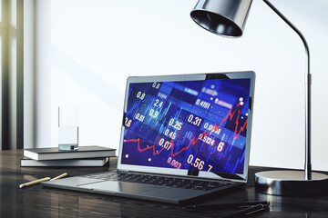 Abstract creative financial graph on modern laptop screen, forex and investment concept. 3D Rendering