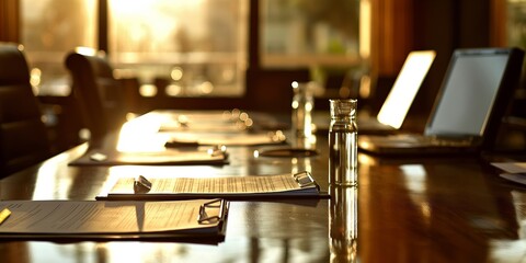 Corporate conference room set up for a meeting with scattered documents, eyeglasses, and an open laptop, illuminated by soft natural light filtering through large windows, suggesting readiness for di
