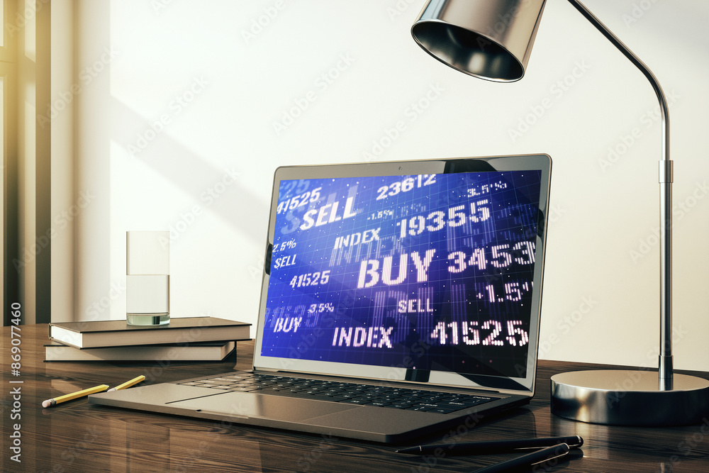 Poster abstract creative financial diagram on modern computer monitor, banking and accounting concept. 3d r