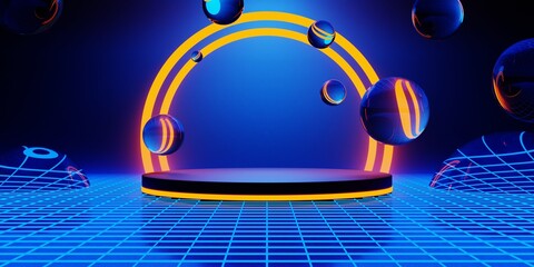3d illustration rendering of gaming abstract background in scifi cyberpunk style and neon stage display showcase