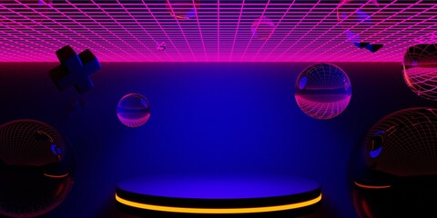 3d illustration rendering of gaming abstract background in scifi cyberpunk style and neon stage display showcase