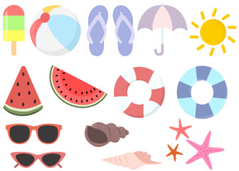Flat icon set of summer isolated on white background.