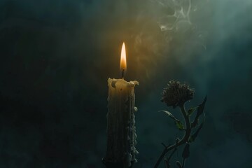 Fototapeta premium A flickering candle emits light in a dimly lit room, A wilted candle flickering in a dark room