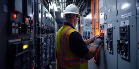 Electrician in yellow safety vest and white helmet works on an electrical panel in a maintenance room, ensuring systems are properly maintained and operational.