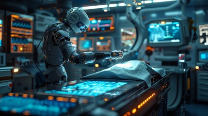 Robot Performing Surgery in High-Tech Operating Room - Generative AI