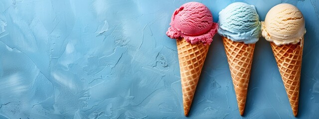 Three scoops of ice cream aligned on a blue backdrop Background features a textured blue wall