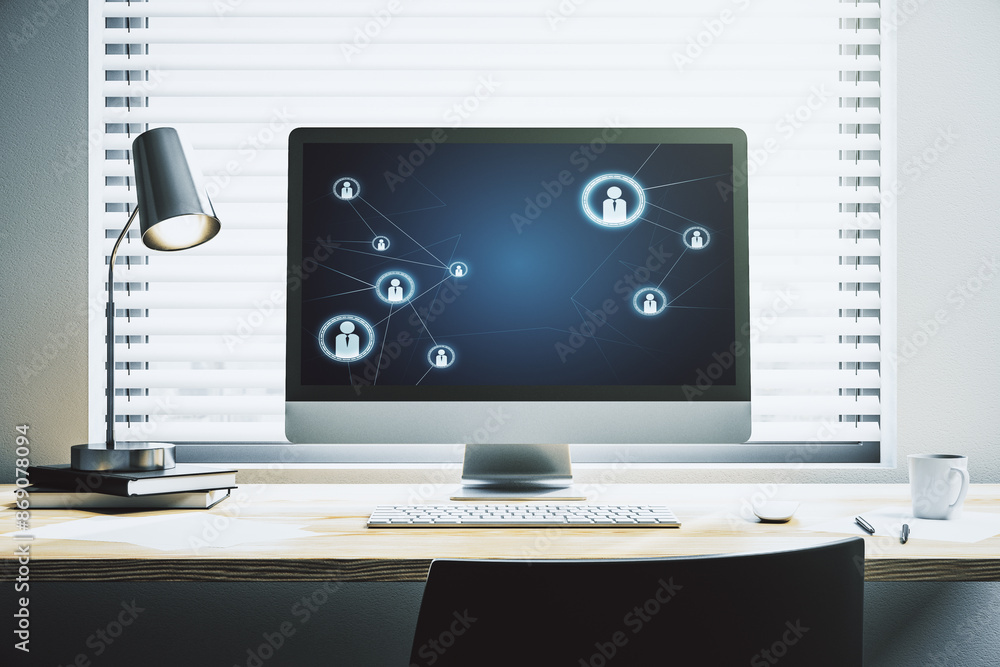 Aufkleber Modern computer display with social network icons concept. Networking concept. 3D Rendering